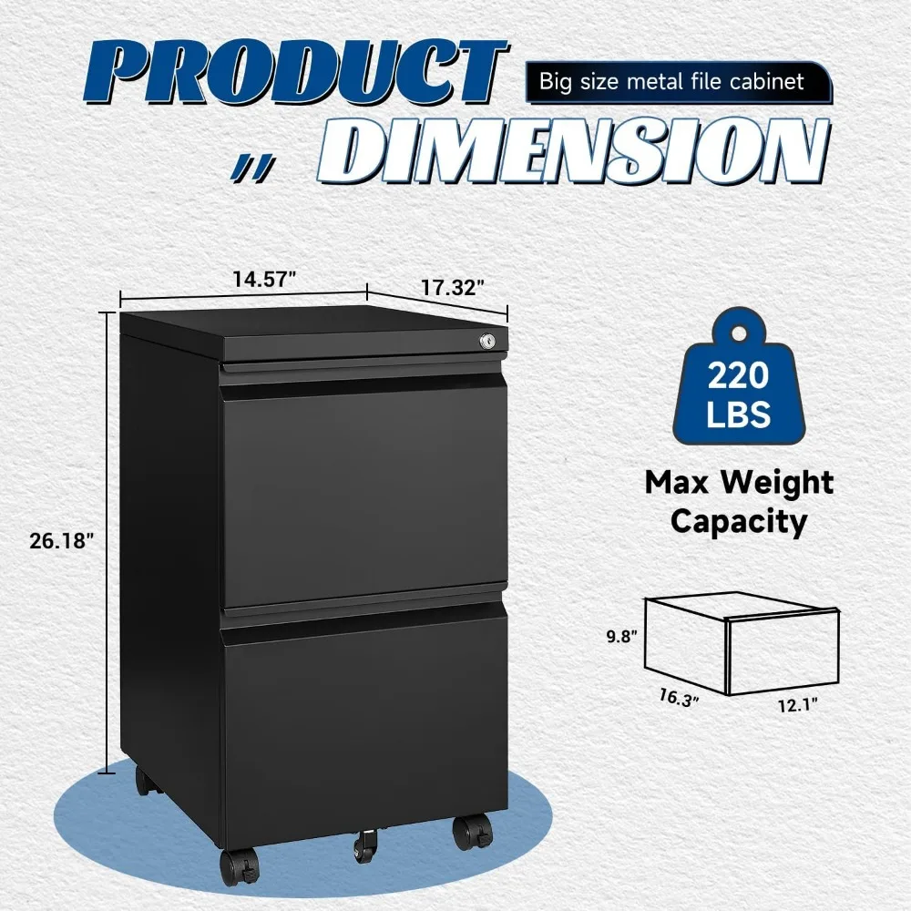 Small Lockable Mobile Under Desk Filing Cabinet - Black Vertical 2-Drawer File Storage for Home Office