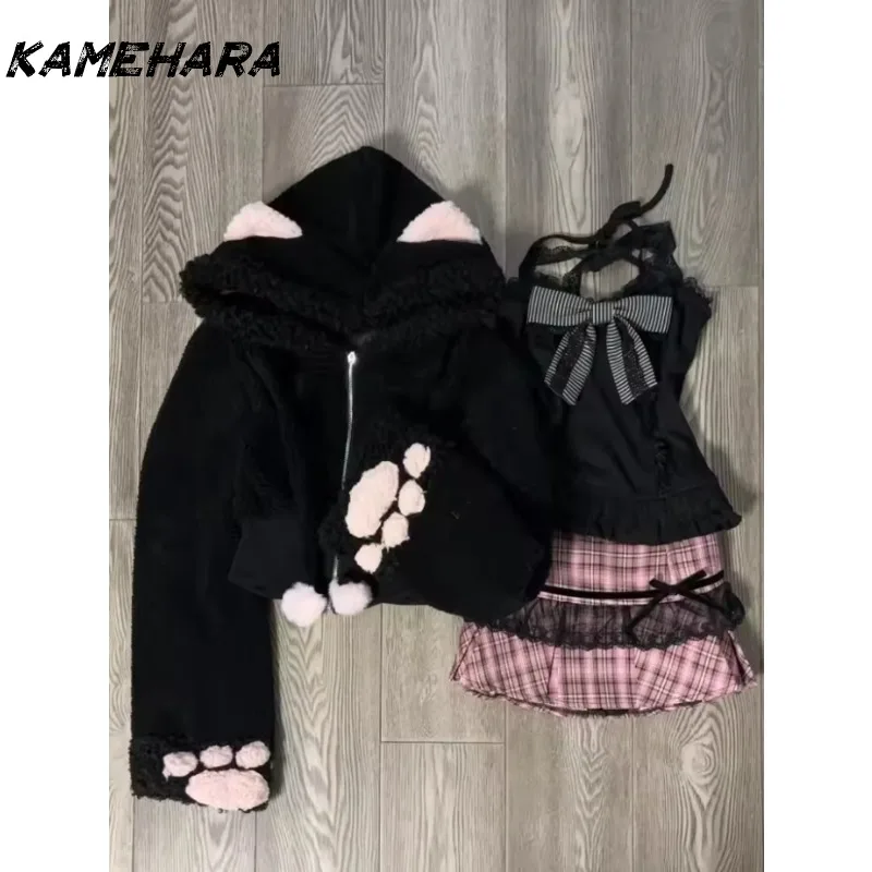 KAMEHARA-Conjunto de 3 piezas de dulce japonés Kawaii para mujer, abrigo con capucha, chaleco Retro con tirantes y lazo, falda rosa a cuadros de cintura alta