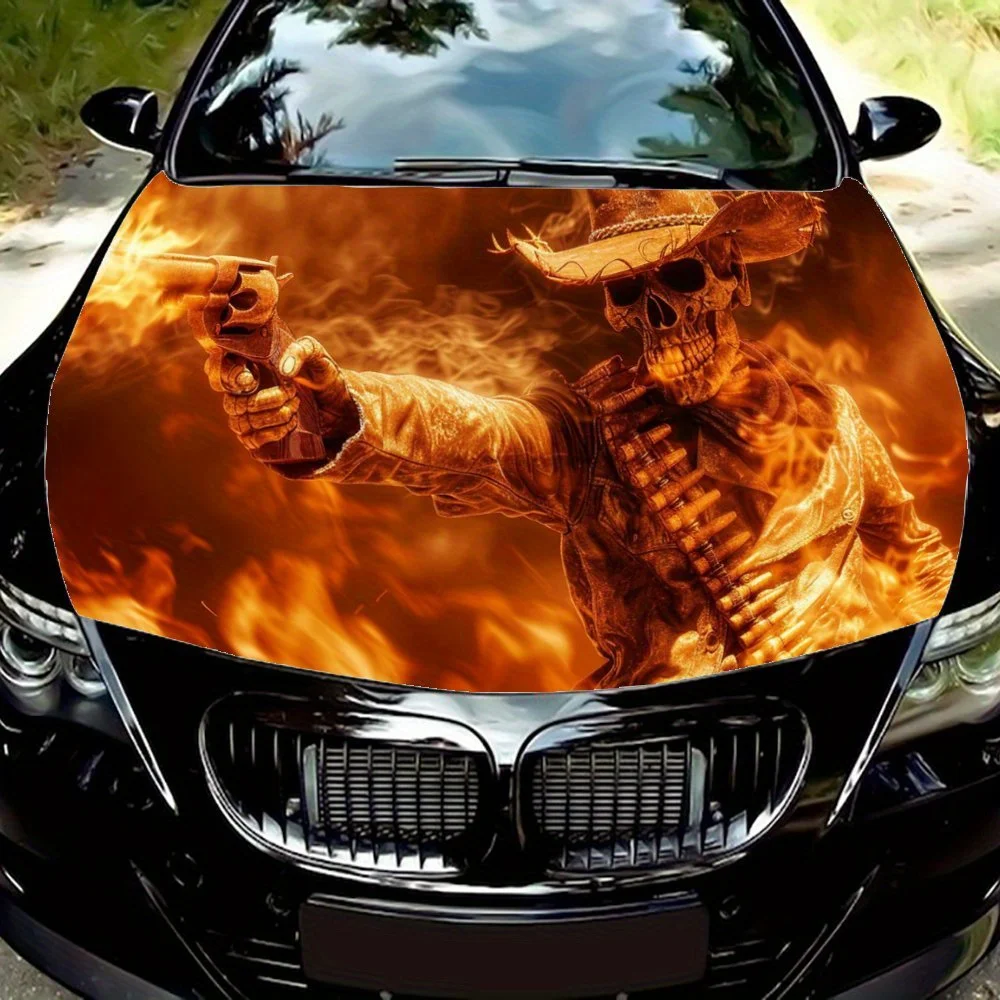 

Burning Flame Skeleton Gunner Fire Car Hood Wrap Color Vinyl Sticker Truck Graphic Bonnet Auto Accessories Decoration Decal Gift