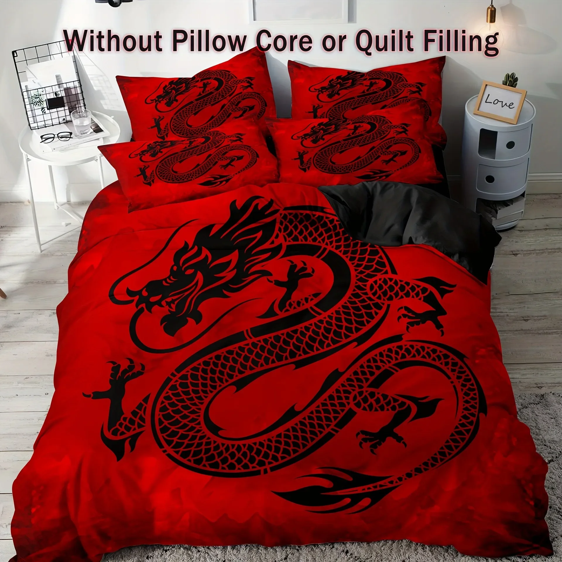 Red Black Dragon Printed Duvet Cover Sets Queen Chinese Dragon Pattern Bedding Set 3 Pieces Comforter Cover Sets Bedroom Decor