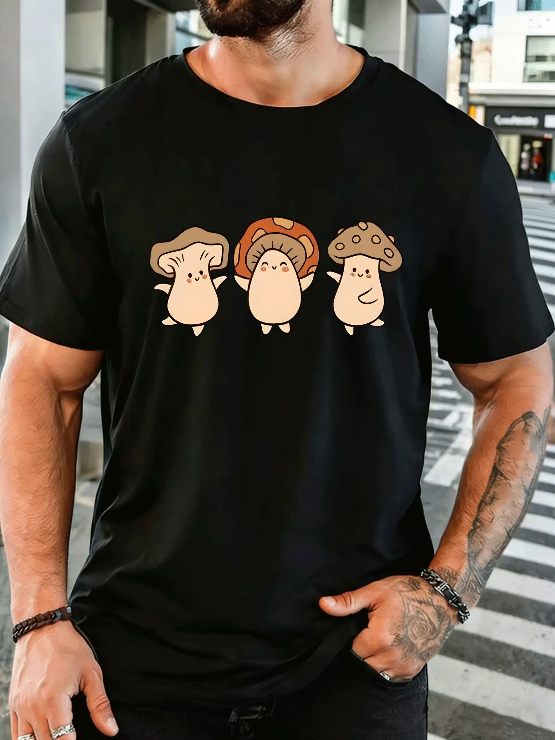 Cute Three Dancing Cartoon Mushrooms Mens Front Print T Shirt Kawaii Fungi Graphic Tee Casual Short Sleeve Top Nature Lover Gift