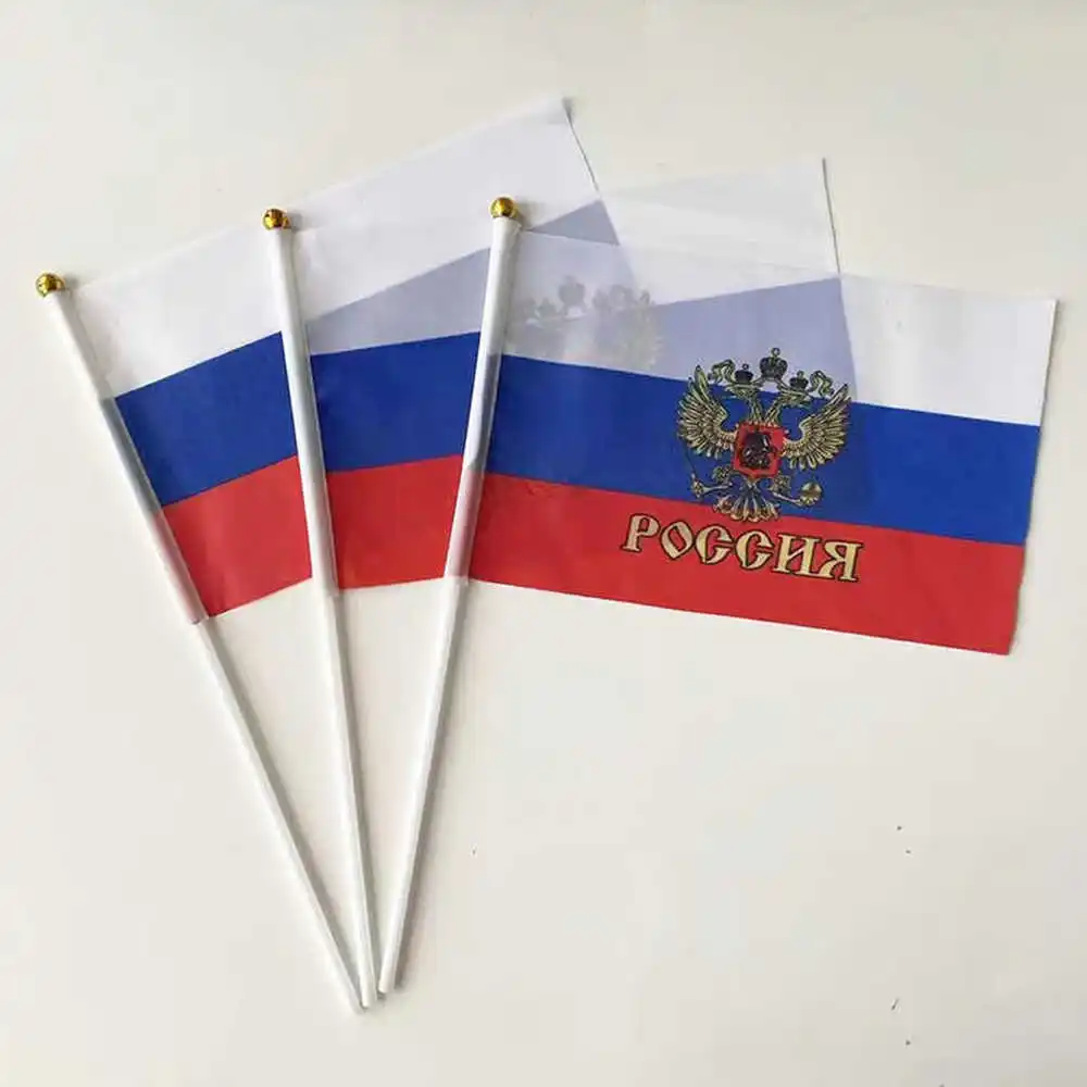 Mini Russia Flag 14x21cm Russian Coat Of Arms Printed Hand Held Flags With Plastic Flagpoles For Decoration Parades Sports