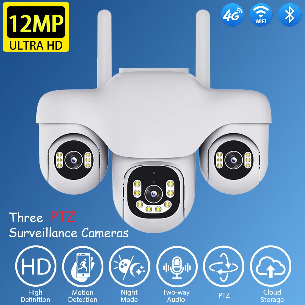 

12-мегапиксельная HD-камера с тремя PTZ-камерами для внутреннего и наружного использования, водонепроницаемая камера видеонаблюдения с искусственным интеллектом, полноцветная ночная камера для обнаружения человека