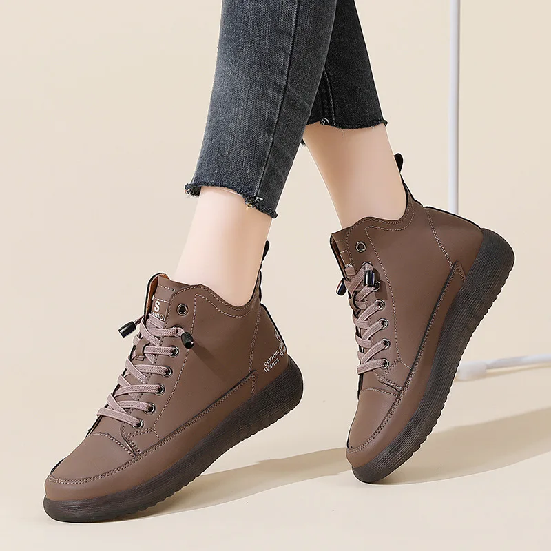 Women Genuine Leather Sneakers Winter High-top Casual Shoes plush keep warm Autumn First Layer Cowhide Ladies Vulcanized Shoes