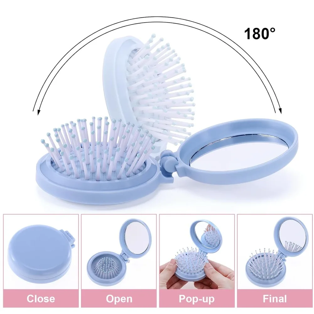 6/12/30 Sets Mini-Klappbürsten mit Spiegel + Satin-Haargummis – Tragbares Reise-Entwirrungskamm-Set für Mädchen, Reisegeschenke – Detail 5