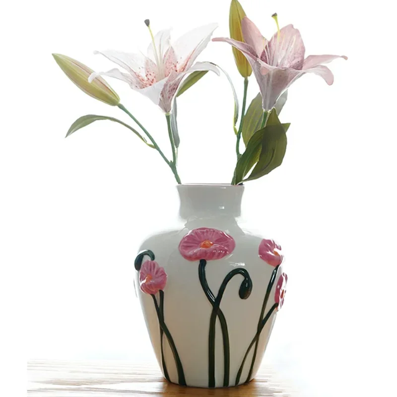 3D Relief Painted Flower and Bird Ceramic Vase, Ceramic Jar, Flower Arrangement, Hydroponic Vase, Room Aesthetic Decoration