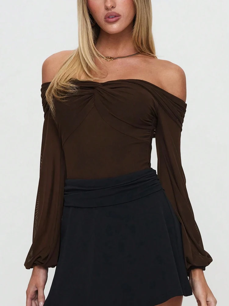 Y2k Aesthetic Simple Fashion Women's Tee Shirts Slash Neck Long Sleeve Solid Casual T-Shirts Vintage Off Shoulder Trendy Tshirts