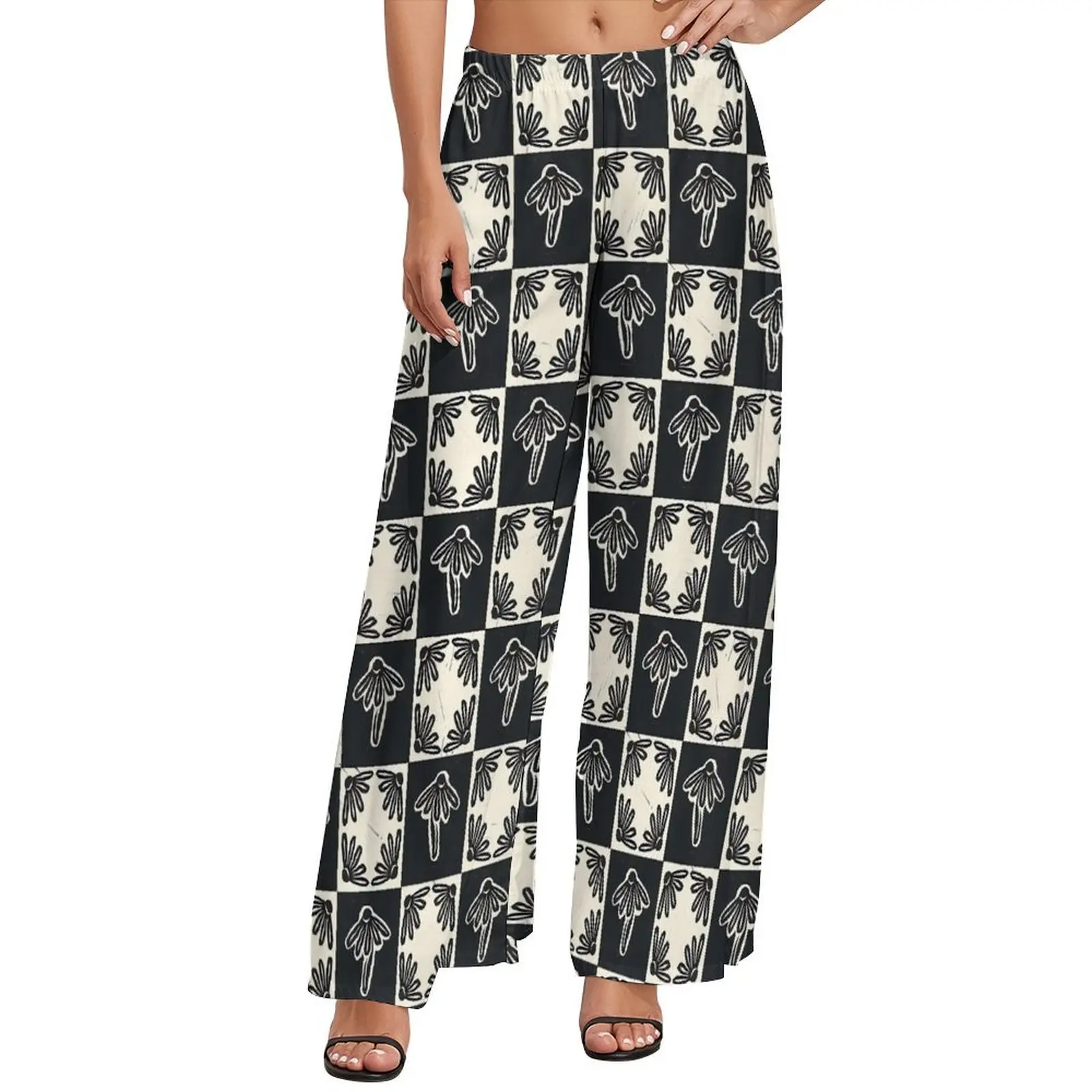 Black And White Check Print Pants Daisy Block Streetwear Straight Wide Pants Elastic High Waist Sexy Trousers Big Size