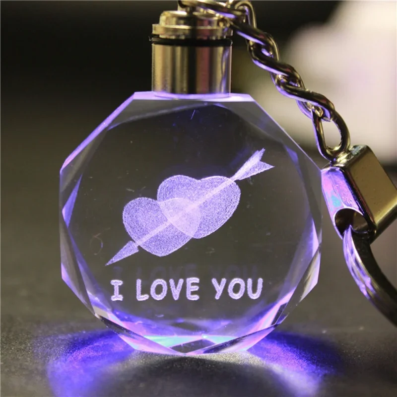 Keychain Glows for Valentine\'s Day 3D Crystal Engraving Couple Small Pendant Crystal Couple Key Chain For Women Girlfriend