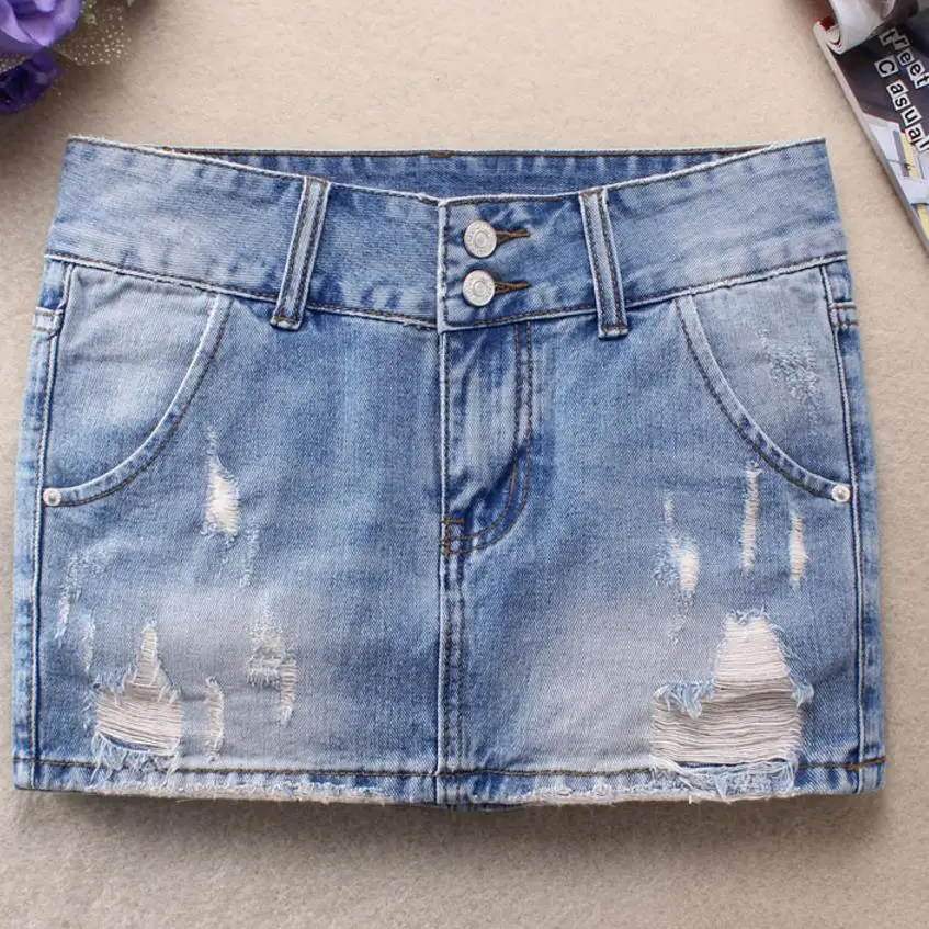 

summer vintage hole Anti-light Denim skirt women Burr hole Slim Elasticity mini skirt