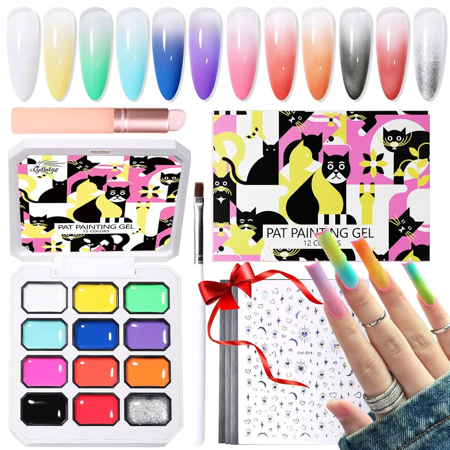 

12 Color Patting Nail Gel Polish Kit, Ombre Painting Gel Palette with Brush & Silicone Patting Pen & Nail Art Stickers for DIY