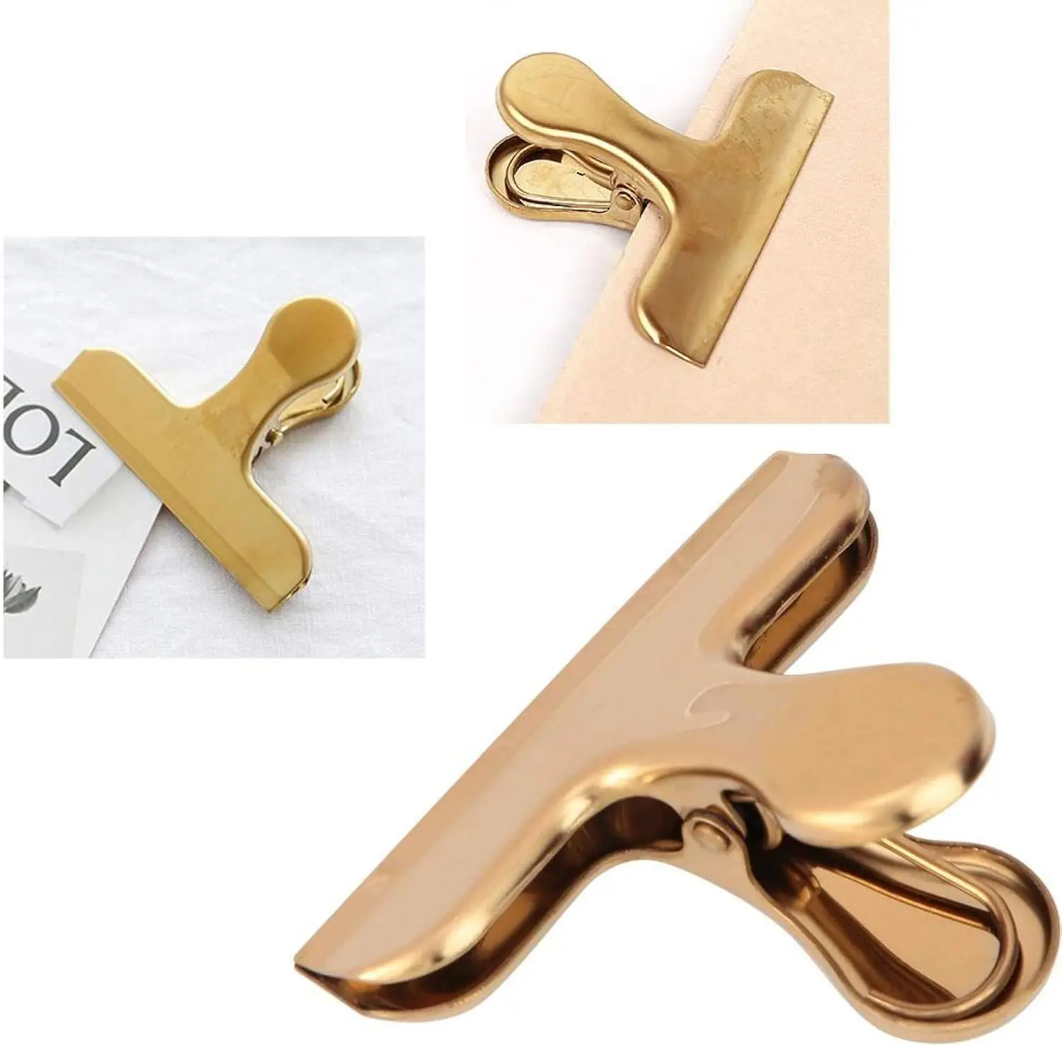 Goldene Chip-Clips, 3 Zoll breite Notizbuch-T-Clips aus Edelstahl und Messing, robuste Lebensmittelbeutelklammer, Vintage Retro Scharnierklammer – Detail 1