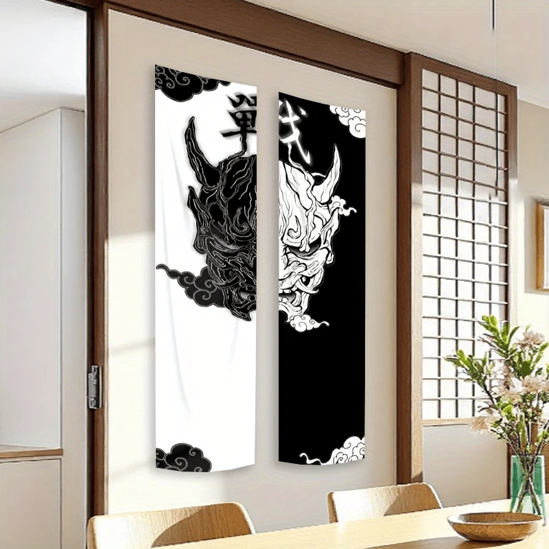 Japanese Style Bunraku Ghost Face Tapestry Black And White Shinto Style Ghost Face Wall Hanging Cloth Home Decoration
