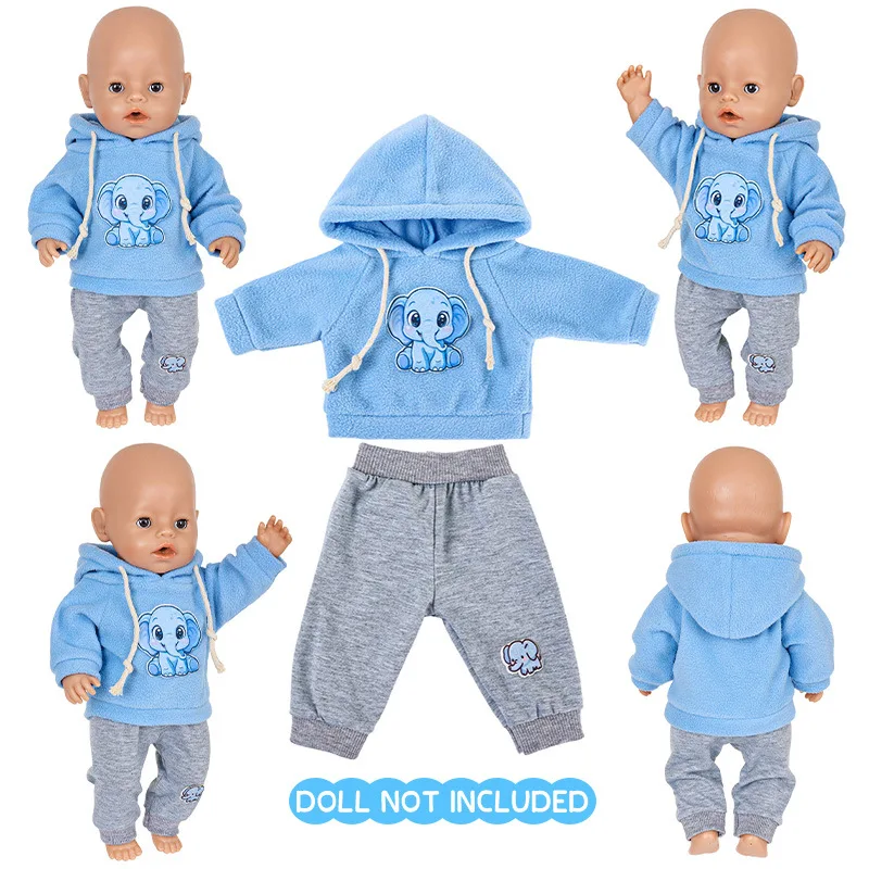 新しい43cm（18インチ）ドール用ジャンプスーツ、リボーンドール用キュートな漫画風スポーツフーディーパンツセット、アメリカンガールドール服ギフト