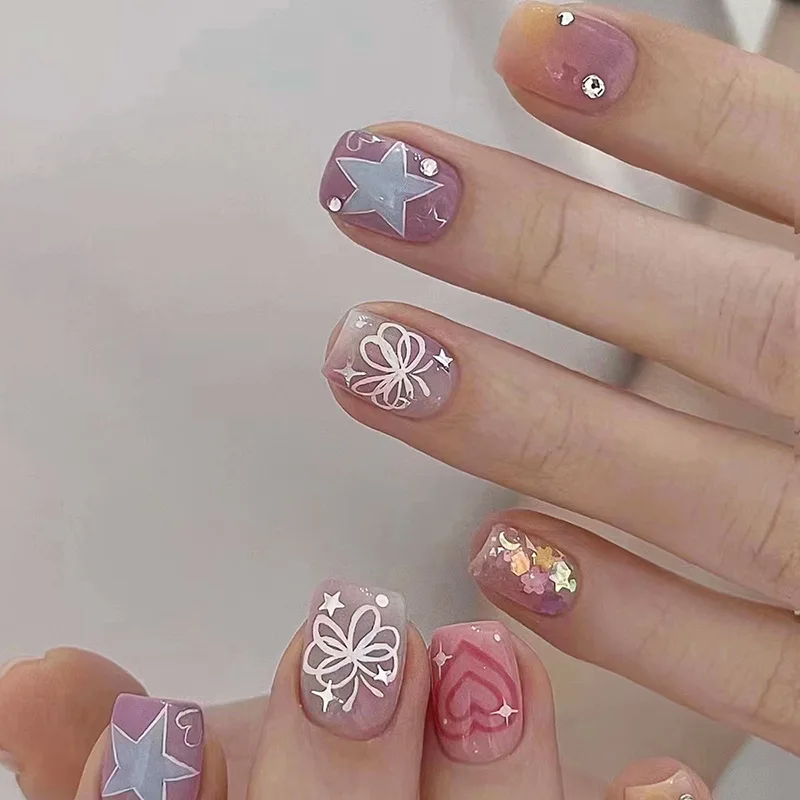 24 pz/set Full Cover Press on Nails unghie finte viola staccabili Cute Butterfly Heart Star Kawaii Short Square punte per unghie finte