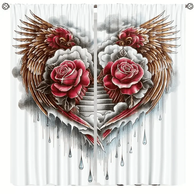 Angel Wings Rose Flower Print Drapes Room Darkening Window Curtains for Home Decor,Rod Pocket Blackout Curtains Bedroom