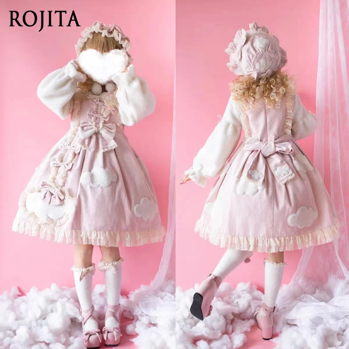 

Autumn Winter Cute Lady Lolita Long Sleeve Dress Japanese Style Cute Bow Blue Sky White Clouds Op Dress for Women