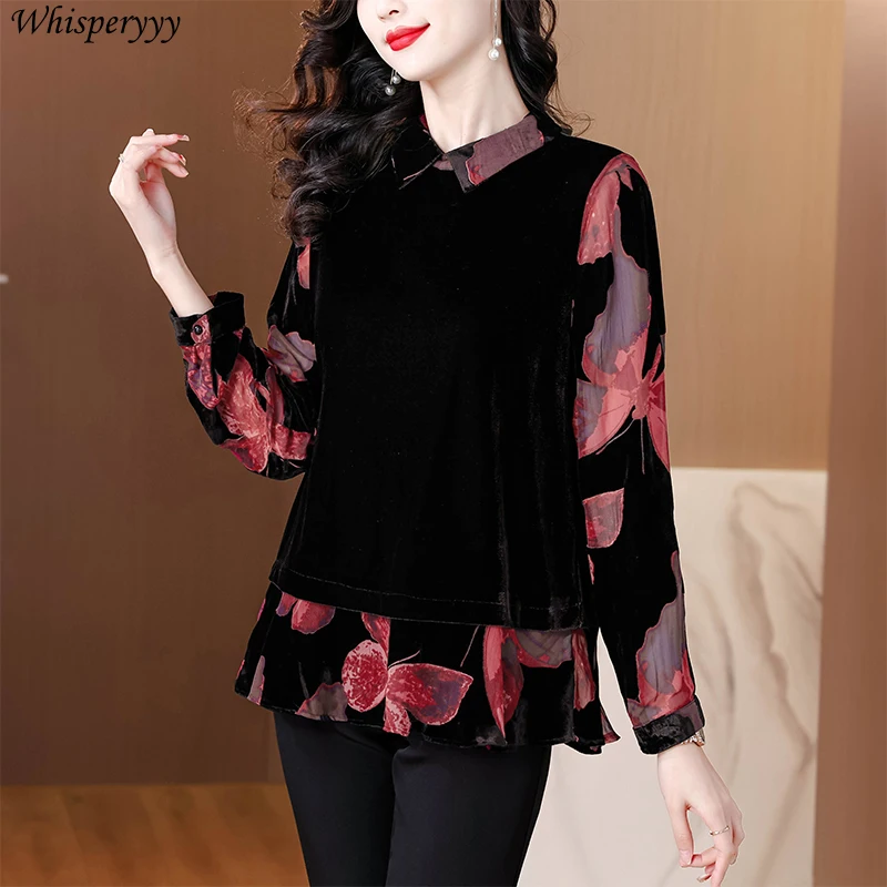 Women's Shirt Spring Autumn Fashion Printed Velvet Splicing Fake Two-piece Blouse Femme Casual Long Sleeve Pullover Tops