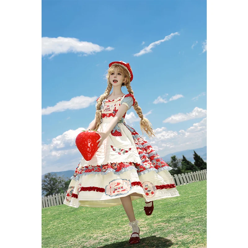 Lolita Print Japanese Original Round Neck Puff Short Sleeve Long Princess Dress +Apron+Heart Strawberry Embroidered Brooch