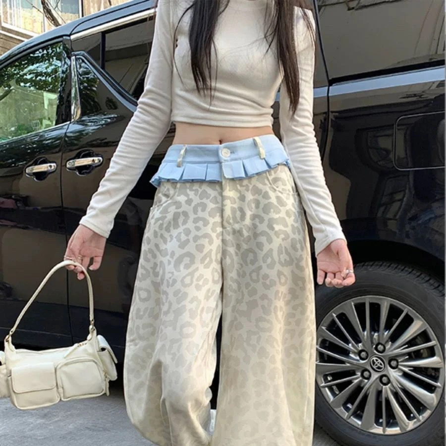 

Retro Small Skirt Splicing Casual Pants for Women 2025 New Color Contrast Leopard Pattern Loose Wide Leg Pants