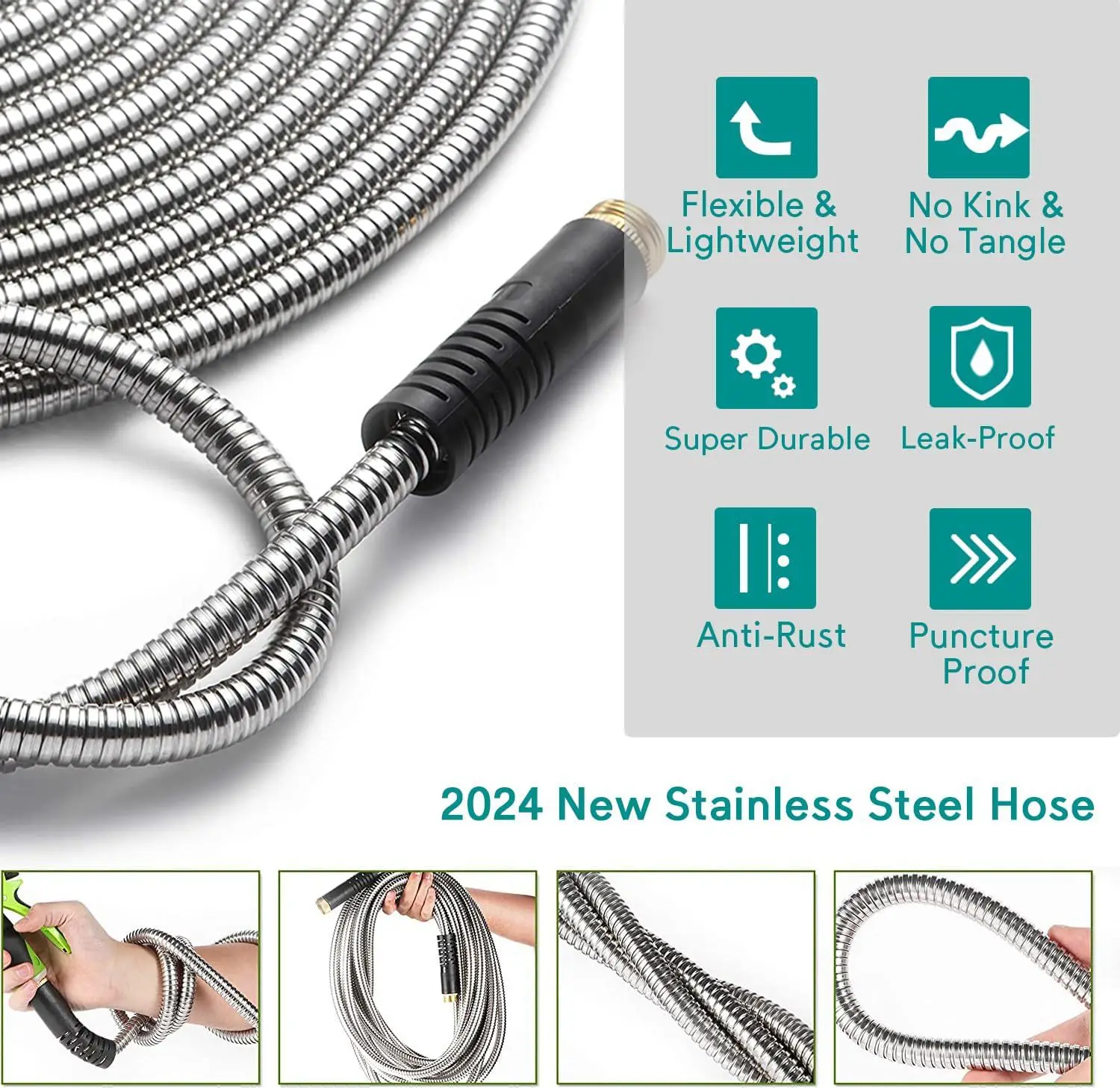 25-75ft Stainless Steel Garden Hose Metal Water Hose Patio Outdoor RV Car Wash Hose Watering Gun Hose Gardening Accessories