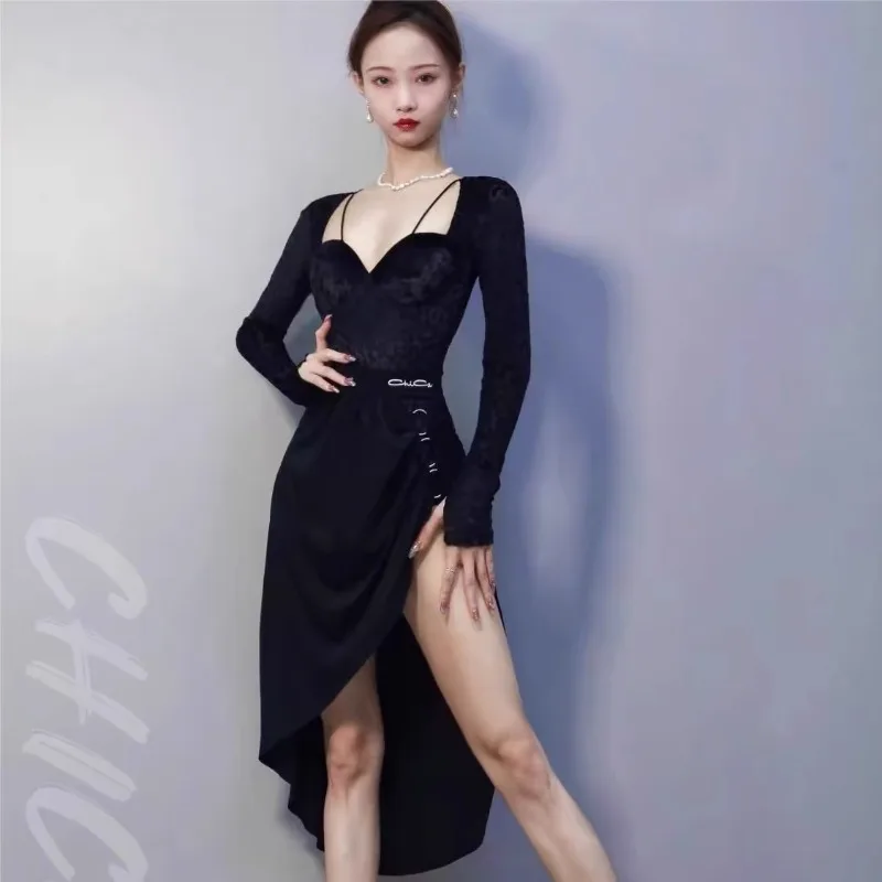 

Customized Adult Latin Dance Dress Performance Costume Plush Long Sleeved National Standard Practice Skirt Set Modern Dance Suit