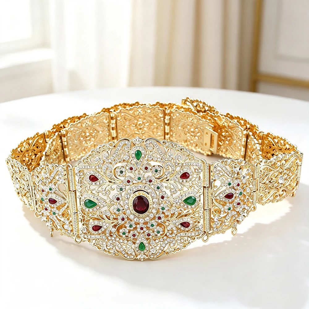 Sunspicems Goldfarbener Marokkanischer Kaftan-Gürtel mit Strasssteinen, Hohlfiligran, Algerische Damen-Taillenkette, Arabischer Brautschmuck für Hochzeiten – Detail 3