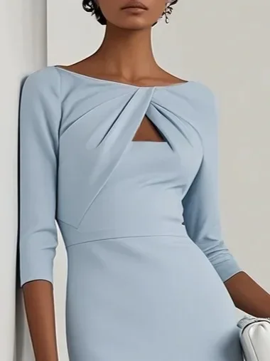 Damen-Bodycon-Midikleid mit U-Boot-Ausschnitt und Twist-Ausschnitt, Dreiviertelärmel, elegantes Bleistiftkleid für formelle Anlässe im Büro – Detail 11