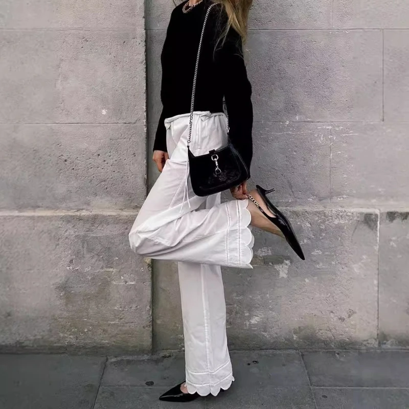 

2026 Spring New Cotton Soft Sticky Splicing Lace Lace Pants with Elastic Waist Design for Women