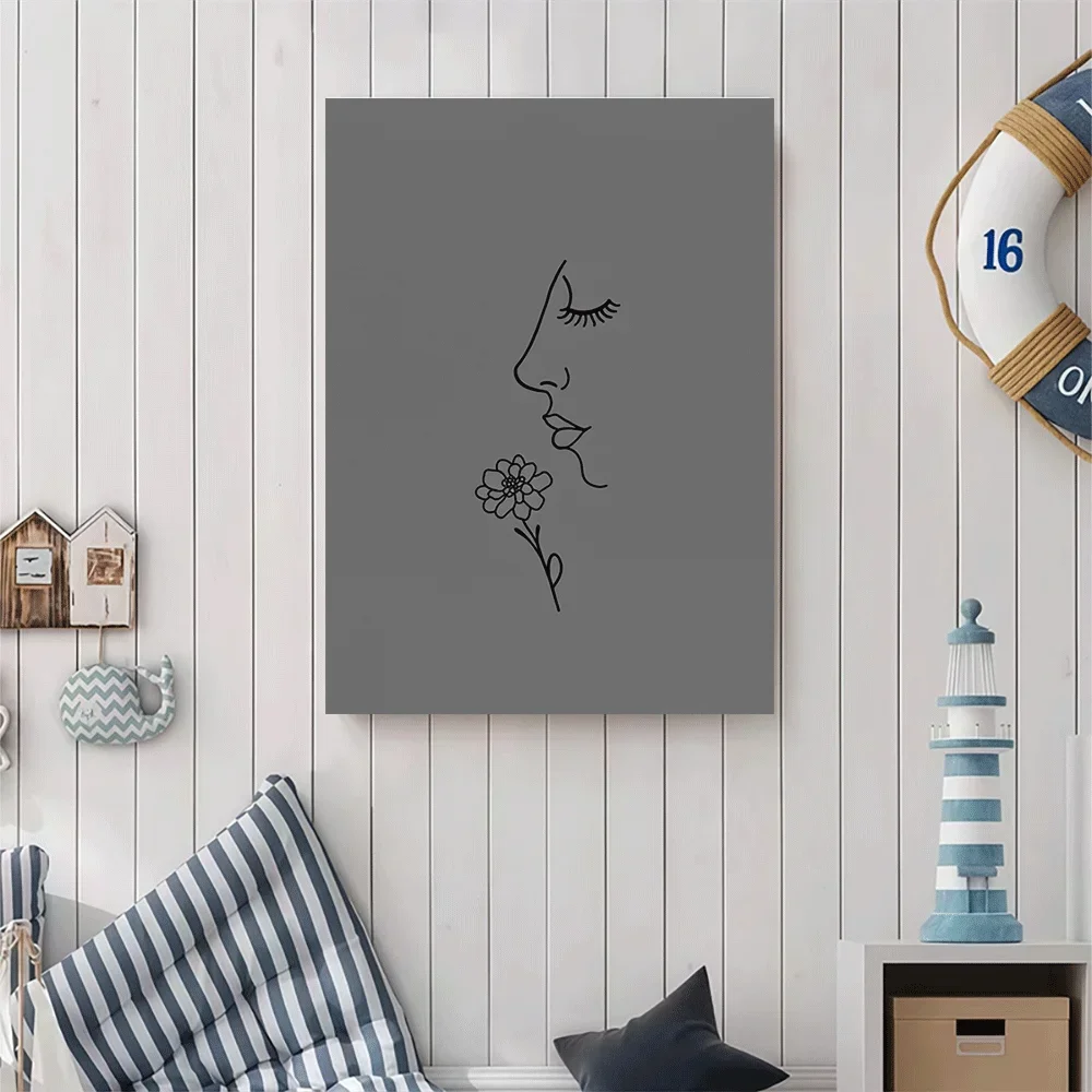 1pc frameless Canvas Painting 1PC-Unframed Canvas poster wall decoration  Minimal Line Art Woman Face Flower Profile Elegant Wal
