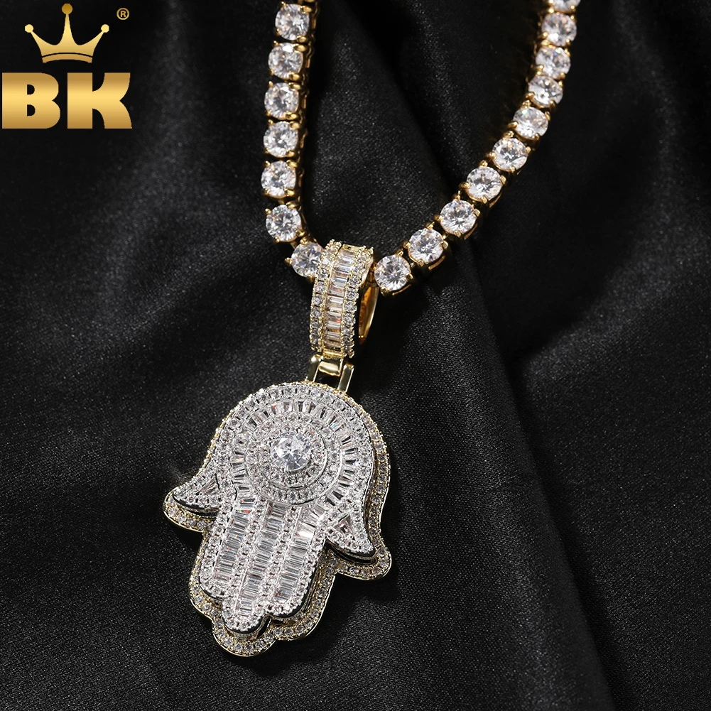 TBTK Double Layer Baguettecz Famita Hamsa Hand Pendant Full Iced Out Cubic Zirconia Necklace Luxury Hiphop Jewelry For Gift