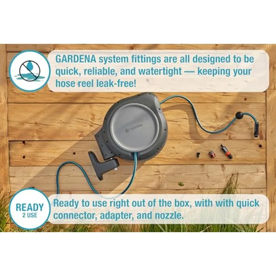 Heavy duty wall mounted retractable garden hose reel with 50 feet of 1 2 inch durable hose automatic retraction system and adju