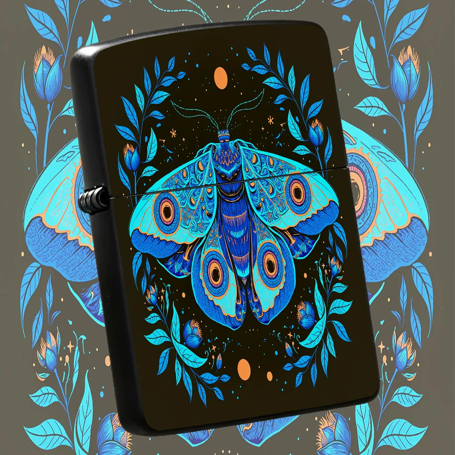 Vintage Psychedelic Blue Moth Pattern Lighter, Exquisite Art Decor Portable Ignition Device, Ideal For Daily Multi-Scene Application, Unique Creative Practical Present For Friends And Art Lovers, Fine Craftsmanship Cool A Humorous And Inter