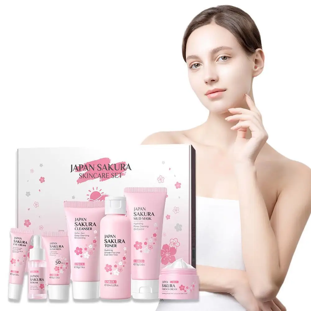 7pcs Sakura Skin Care Set Nourishing Moisturizing Brightening Smoothing Facial Cleanser Sunscreen Eye Cream Gift Box Skin Care