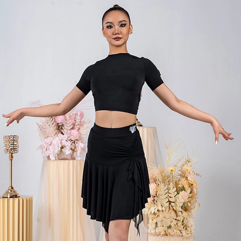 Nouveaux vêtements de danse latine femmes hauts noirs jupe adulte manches courtes vêtements d'entraînement Rumba Salsa danse vêtements d'entraînement DNV23883
