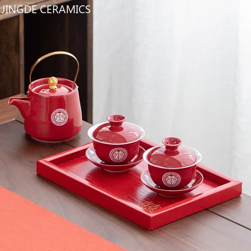 Imagem -05 - Personalizado Vermelho Cerâmica Gaiwan Bule Terno de Bandeja de Chá Boutique Chinês Conjuntos de Chá Suprimentos do Casamento Presentes de Alto Grau Teaware