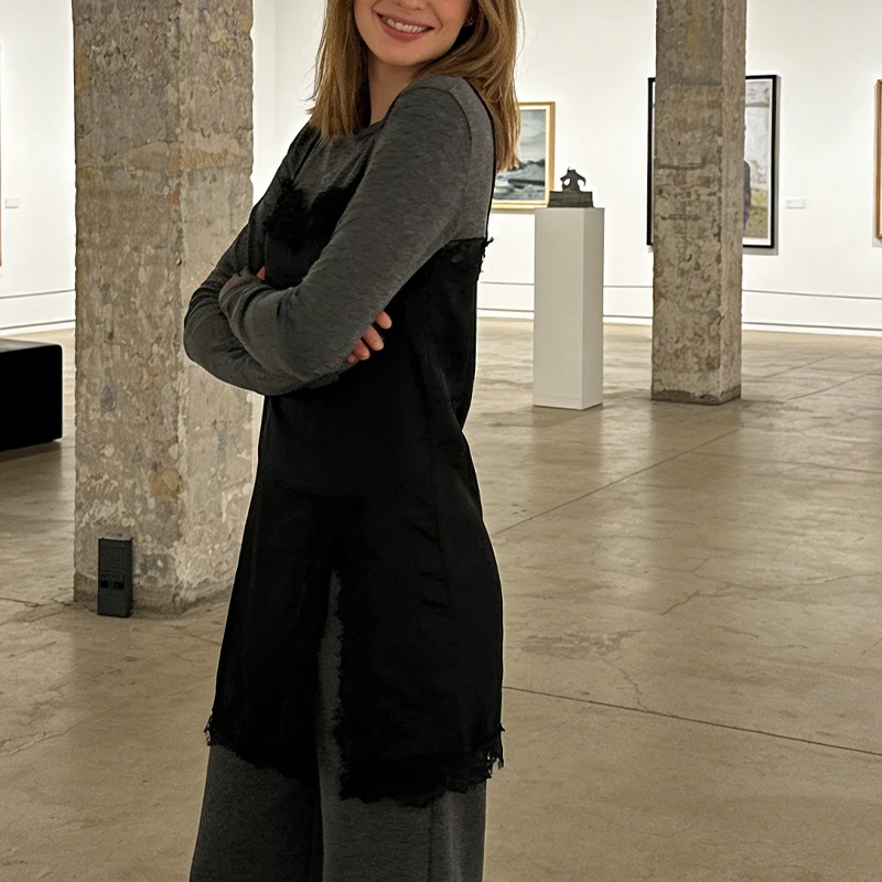 Vestido feminino patchwork de duas peças, manga comprida, camisola de renda com aparência em camadas, casual, sexy, vestido de trabalho, vestidos femininos trafizaran