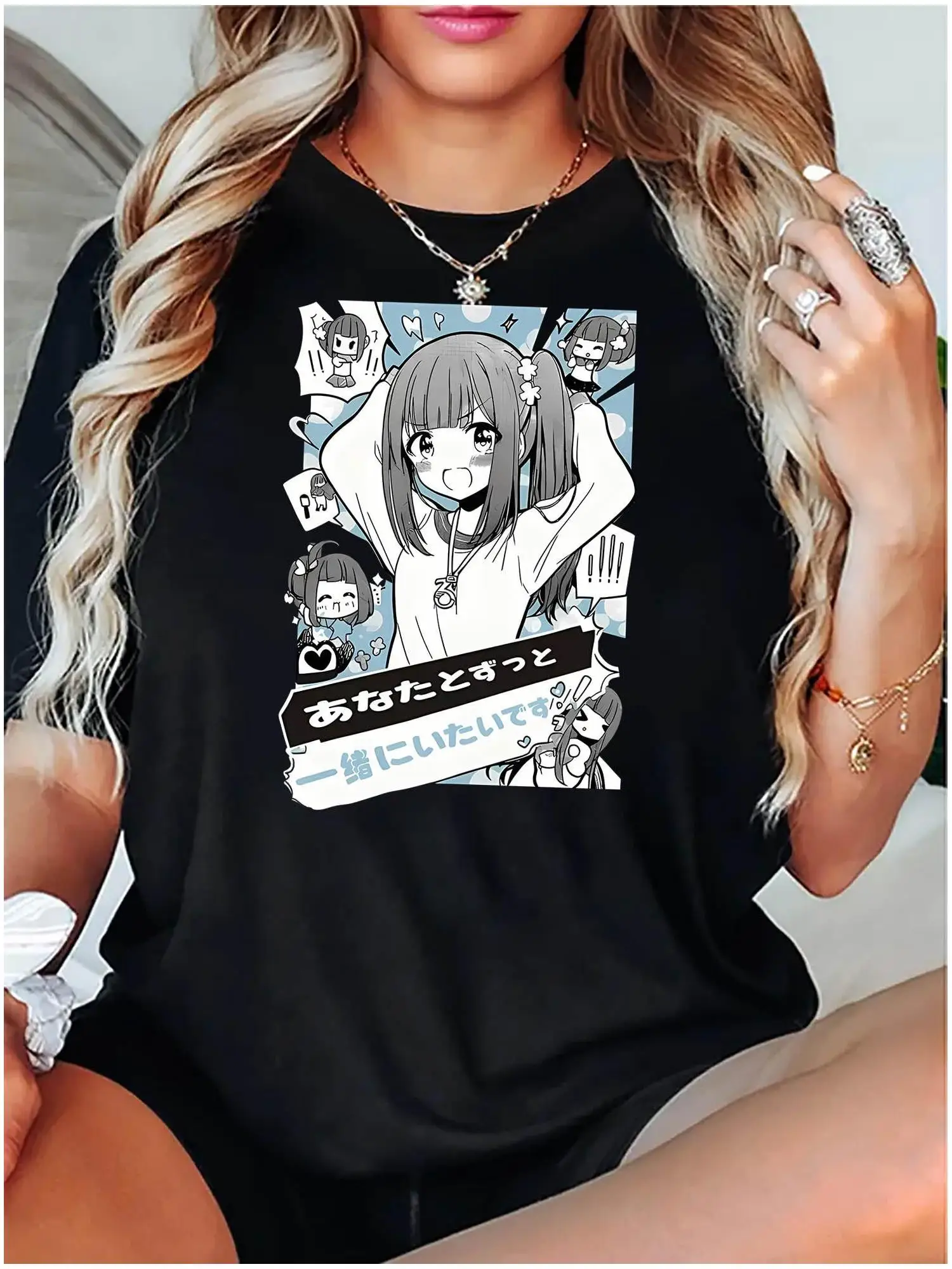 

Женская футболка с короткими рукавами и графическим принтом персонажей аниме, повседневная футболка с круглым вырезом и японским текстом, всесезонный дизайн с милым котом