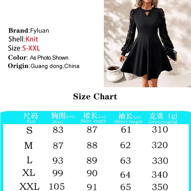 Elegancka sukienka damska na rok 2025, czarna, z okrągłym dekoltem, koronkowymi wstawkami, długim rękawem, dopasowana, wyszczuplająca, sukienka balowa w kształcie litery A, słodka sukienka.