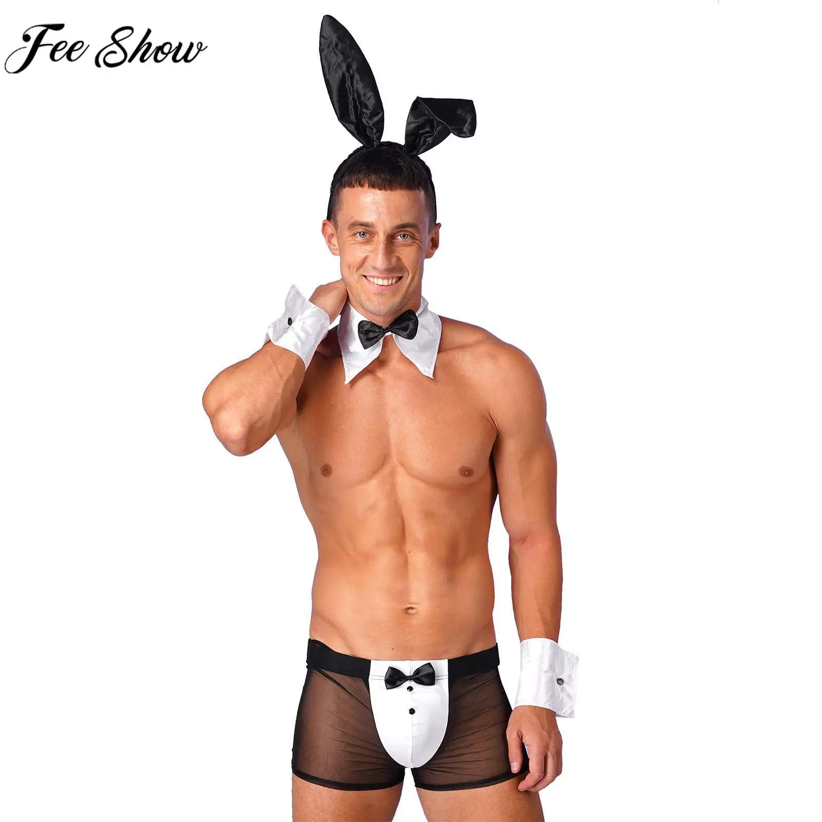 

Mens Bunny Cosplay Costume Halloween Theme Party Clothes Sheer Boxer Briefs with Rabbirt Ears Headband Bowtie Cuffs Nightwear