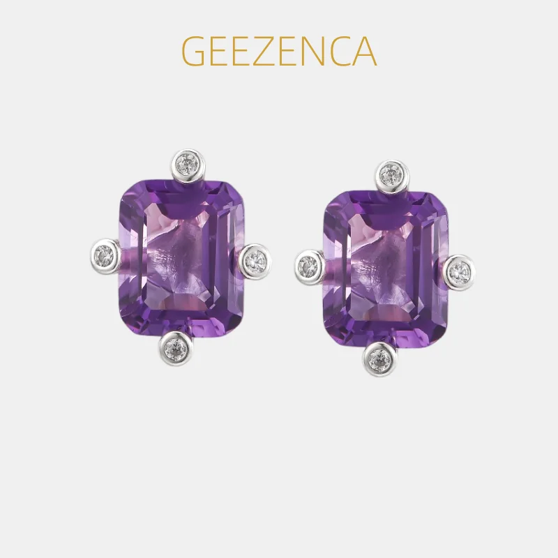GEEZENCA Purple Amethyst Stone Oblong Stud Earrings Women 925 Silver Cubic Zirconia Simple Geometric Trendy Stack Earring Gift