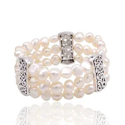 Three Row Bracelet White Natural Pearl Tibetan Silver Accessories Pearl Bracelet Baroque Vintage Beaded Bracelet for Women