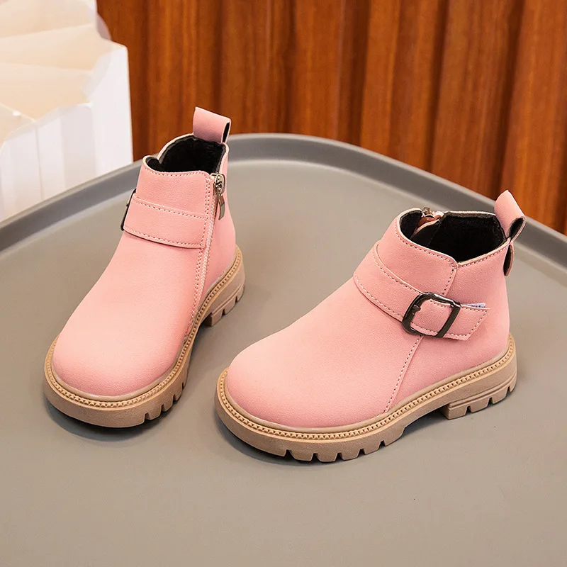 

Girls Winter Soft Soled Mid Top Add Velvet Keep Warm Boots Boys Solid Color Cotton Short Boots Children Agraffe Side Zippers