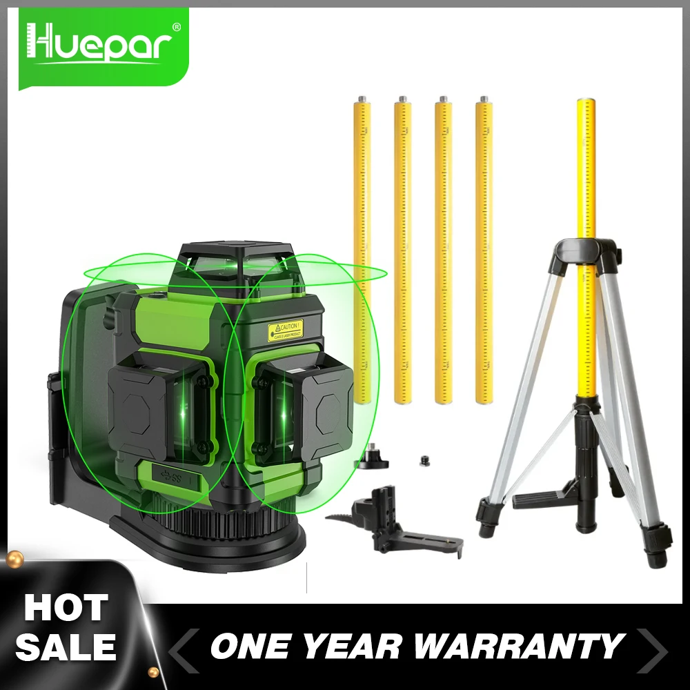 Huepar 12 Lines Laser Level 3 x 360°Green Beam Self-Leveling Cross Lines Laser Level Tool With Pulse Mode And LP36 3.7M Tripod