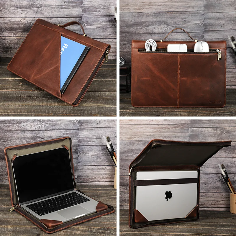 حقيبة محمولة لتخزين الكمبيوتر من Mac Book air13.3 بطبقة من جلد البقر متعددة الجيوب لتخزين الكمبيوتر