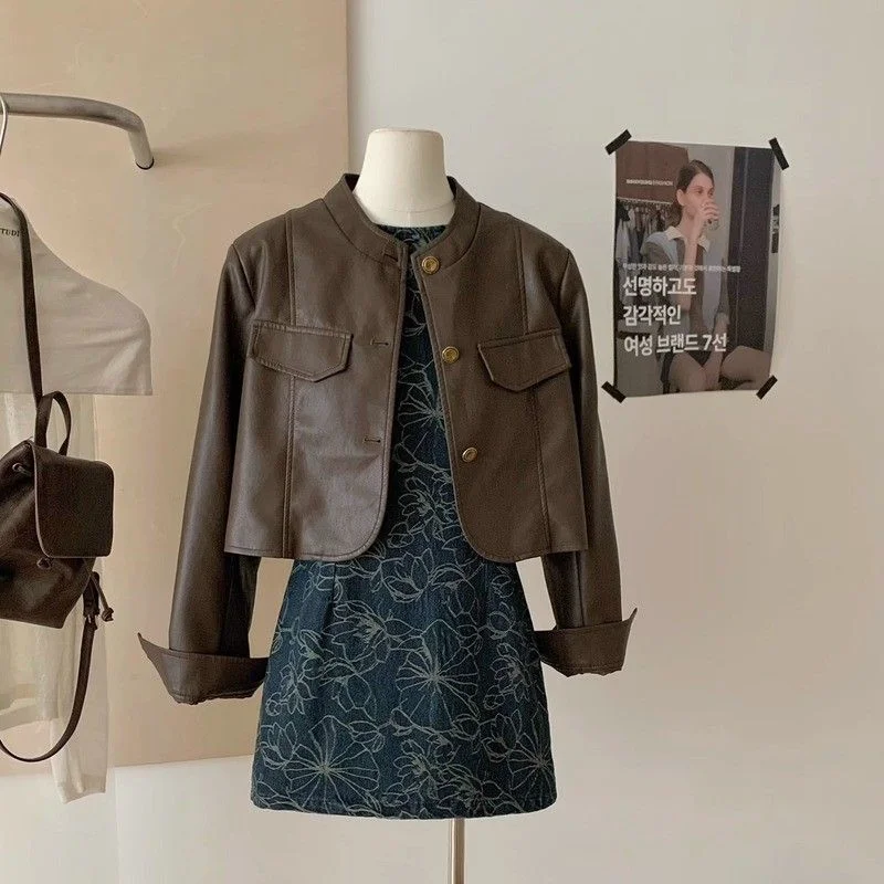 Giacca corta in pelle PU allentata alla moda e popolare con colletto alla coreana per moto retrò