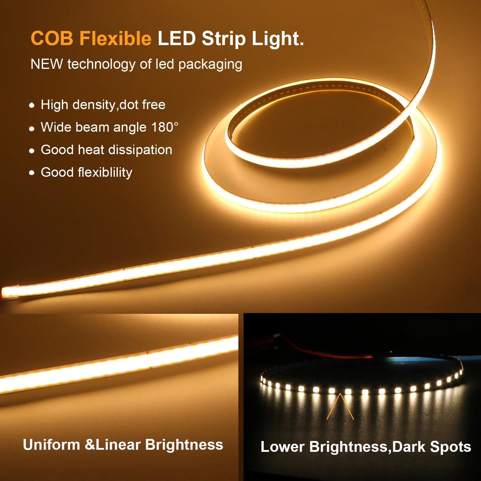 3mm 5mm 8mm Width COB LED Strip Light 12V 320LEDs Flexible COB Lights High Density Linear Light White/Warm/Natural/Pink/Yellow