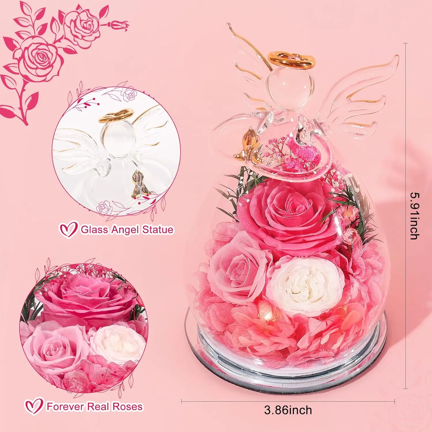 ورود وردية محفوظة في تماثيل الملاك الزجاجية - هدايا مثالية لعيد ميلاد الأم للنساء