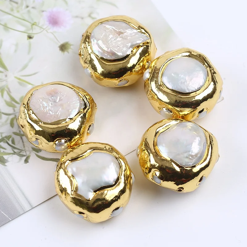 Wholesale natural freshwater large loose pearls bulk beads gold plated edge bezel baroque pearl jewelry