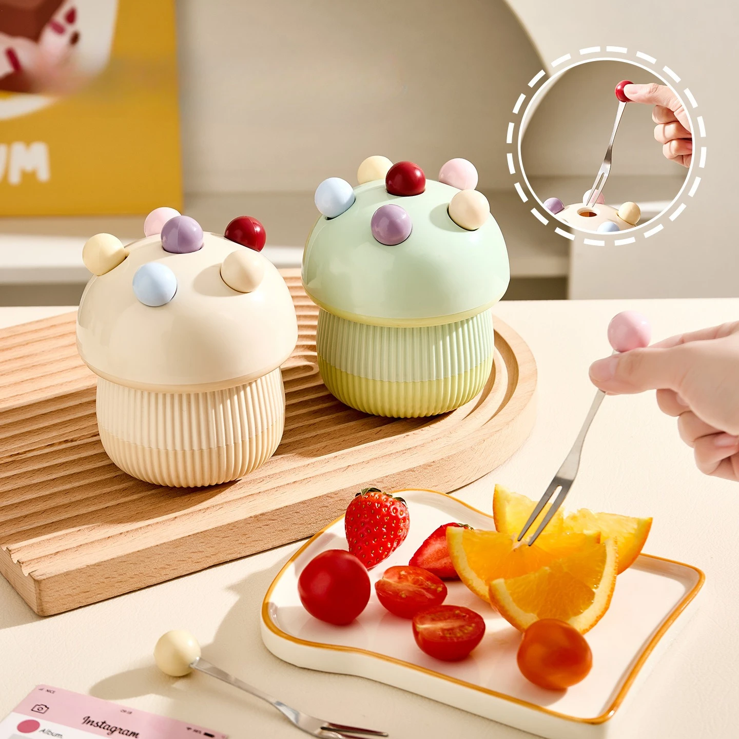 Cute Mushroom Fruit Fork Set Stainless Steel Cutlery with Ceramic Storage Jar Home Dessert Fork